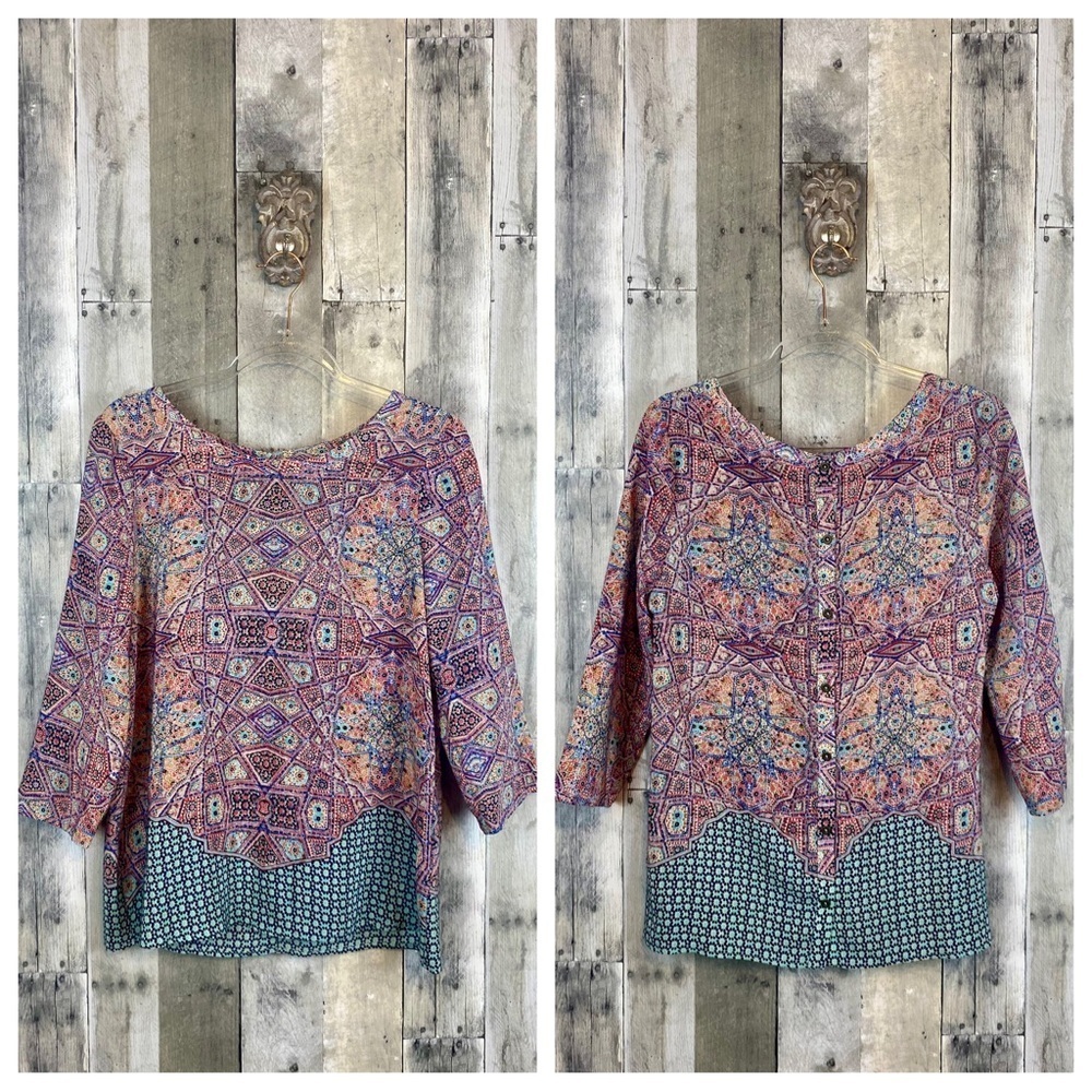 NWOT Anthropologie Maeve Sidney Silk Mosaic Button Back Top in Blue Combo Size 6 - Picture 8 of 9